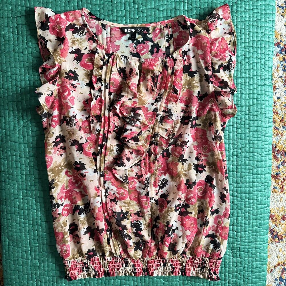 NEW Vintage Y2K Express Sheer Watercolor Floral Ruffle Blouse XS Pink Black Rose